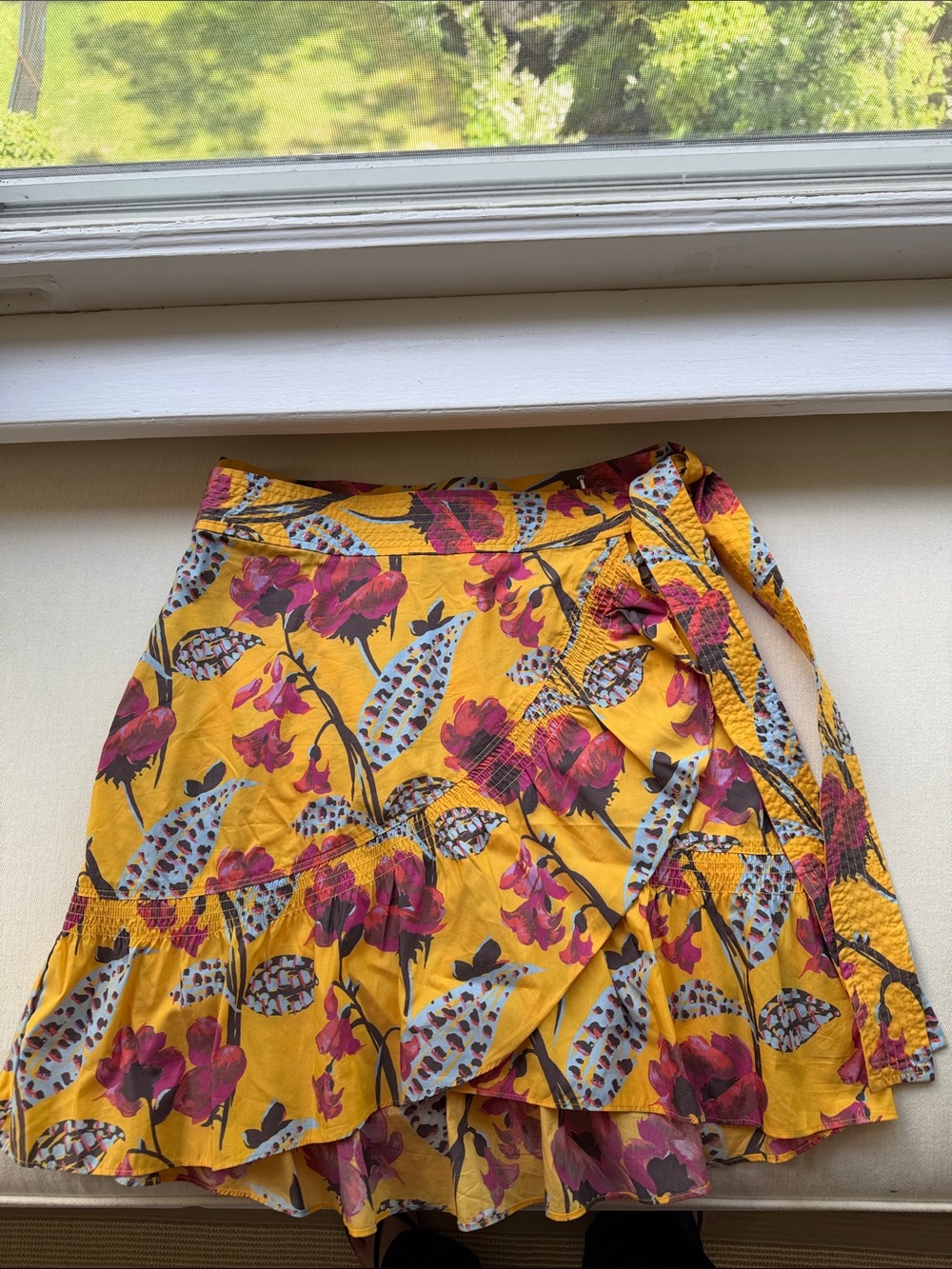 A.L.C. Yellow Floral Wrap Skirt with Pink & Blue Accents SZ 10